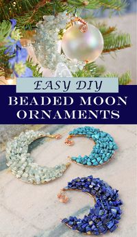 Beaded ornament DIY idea: easy DIY beaded moon ornaments! Beaded ornaments to hang on a tree or turn into a beaded Christmas garland. Easy DIY ornaments and a cute gemstone DIY ornament idea. Find this & other beaded ornaments DIY tutorials on the blog. Other DIY moon ornaments and moon ornament DIY ideas on the blog too. DIY moon Christmas tree ornament for a Taylor Swift inspired Christmas ornament DIY. Make a Taylor Swift Midnights inspired Christmas tree theme! Celestial Christmas ornament.