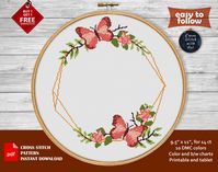 Roses and butterfly embroidery frame, flower border cross stitch pattern, PDF charts, for instant download Simple modern cross stitch frame, easy-to-follow ♥ Size: 133w X 154h sts, 14 ct, 9.5" X 11" (23w X 28h cm) ♥ full cross, 2 or 3 threads, 9 DMC colors YOUR ORDER INCLUDES 3 PDFs with the high-quality symbol chart (PATTERN KEEPER & Markup R-XP compatibility): Color symbol chart in two sizes: - a single page for comfortably using from a tablet or mobile - big size chart divided into 4 pages re