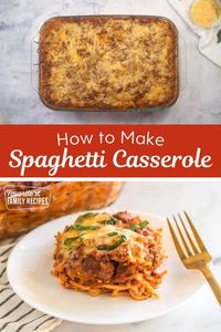 Learn how to make Spaghetti Casserole. Made with layers of saucy pasta, creamy cheese, and savory meat sauce, discover the ultimate comfort food with this Spaghetti Casserole recipe. Serve this dish with a steamed veggie like broccoli, green beans, cauliflower, or asparagus. You can also serve up some garlic bread on the side for a complete meal!