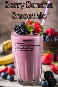 Looking for a healthy and delicious smoothie recipe with minimal ingredients? Try this Berry Banana Smoothie made with just 4 simple ingredients! Perfect for a quick breakfast or snack, this smoothie is packed with vitamins, antioxidants, and creamy goodness. Ideal for weight loss, healthy eating, and busy mornings. Pin this easy recipe and enjoy a refreshing, nutritious boost anytime!