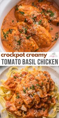 This Slow Cooker Creamy Tomato Basil Chicken Breast is SO easy and flavorful, you wouldn't believe it only has a few ingredients! The perfect easy crockpot chicken recipe for busy weeknights! #chicken #chickenbreast #slowcooker #crockpot #dinner