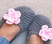 Crochet Women Slippers - Grey with pink Flower, Accessories, Adult Crochet Slippers, Home Shoes, Crochet Women Slippers