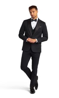 A premium classic black tuxedo with one button and a peak lapel in a performance stretch fabric.