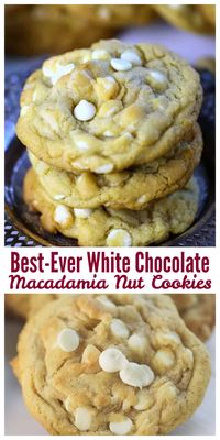 Best-Ever White Chocolate Macadamia Nut Cookies - These cookies are thick, soft, and buttery and chewy, exactly what you want right? It's heaven when you get that taste of sweet white chocolate and a bit of salty macadamia nuts. Simply awesome!! #whitechocolate #chocolatechip #macadamia #nuts #cookies #holiday baking #bestcookies