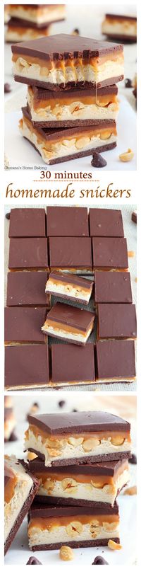 Nougat, peanuts and caramel sandwiched between two chocolate layers, these homemade snickers bars come together in 30 minutes tops! Faster than going to the store to buy some!