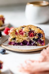 This Mixed Berry Buckle, a rustic cake loaded with juicy, seasonal blueberries, raspberries, and blackberries, is the perfect summer dessert. #cake #summerdessert #berries #raspberry #blueberry #dessert #healthydessert #weightwatchersdessert