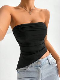 Top asimétrico ajustado sin tirantes para mujer con pliegues en unicolor para verano Negro Casual  sin mangas Tela tejida Liso  Elástico Alto  Women Clothing, size features are:Bust: ,Length: ,Sleeve Length: