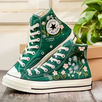 Embroidered Shoes, Flower Embroidered Converse for Women, Green Sneakers Embroidery Flower, Floral Embroidered Converse, Birthday Gifts 💚 Immerse yourself in the intricate craftsmanship as we lovingly hand embroider rustic flowers onto your chosen Converse pair 💚 🌿 The listed price encompasses both the Converse Shoes and the showcased Embroidery Designs. 1. MANUFACTURING PROCEDURE 🌿 Upon receiving your order, we initiate the shoe preparation process. If your chosen shoes are readily availabl