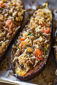 This savory stuffed eggplant with middle eastern spices and a garlic tahini sauce