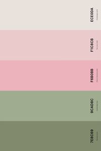 4. Sage Green And Pink Color Palette Color Palette with Reseda Green (Hex #7E8C69) + Cambridge Blue (Hex #9CAD8C) + Cherry Blossom Pink (Hex #F6B0BB) + Tea Rose (Red) (Hex #F1C8CB) + Champagne Pink (Hex #ECE0DA) Color Palette with Hex Codes