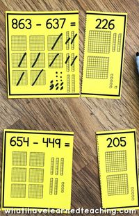 These three-digit subtraction math centers or task cards help students practice five different subtraction strategies.  This card has students use base-10 blocks to subtract.   The scaffolded levels provide plenty of practice and steps for students to be successful when subtracting three-digit numbers using a variety of subtraction strategies. #threedigitsubtraction #mathcenters #mathstations #secondgrademath