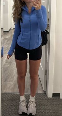 lululemmon jacket + biker shorts + gold jewerly (sweat proof) + over ankle socks + new balances = fashion icon   workout outfit ☆ dad shoes ☆ headphones ☆ leggings ☆ alo ☆ dupe ☆ dad shoes ☆ 2024 workout ☆ inspiration ☆ over the ankle socks ☆ summer athletic outfits ☆ pilates outfits ☆ running outfit aesthetic ☆ running clothing ☆ cute athletic clothing