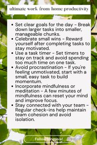 Unlock the secrets to ultimate work-from-home productivity with these proven strategies! From creating the perfect workspace to managing your time effectively, these tips will help you stay focused, organized, and efficient throughout your workday. Perfect for remote workers looking to boost performance and maintain a healthy work-life balance. Follow for more work-from-home productivity tips and tricks to level up your remote work game!