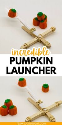 Want to make the best STEM challenge ever this fall? Make a pumpkin launcher! This popsicle stick catapult only needs craft sticks and rubber bands to make an incredible catapult that really launches! The perfect STEM activity for preschool, kindergarten, kids of all ages. Turn a science experiment into a game as you see how far you can send candy pumpkins flying! Kids activity, kids rainy day activity, science activity, all around fun! Hands on learning for homeschool science or in the classroom. A must do for Halloween themes, Halloween STEM, fall STEM, and more! Team-Cartwright.com