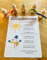 "Help your little one boost their early reading and listening comprehension skills as well as retelling abilities with this laminated copy of the classic poem, \"Five Little Snowmen\" and five little wooden snowmen adorned with rainbow ribbons! This poem helps support rhyming, rhythm, and reading dialogue with expression. Your little one can learn to recite the poem by themselves, act it out as they listen, or retell the poem on their own using the five little snowmen as props! Set contains: