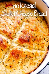 Making warm and crusty homemade bread is easier than you think with this No Knead Skillet Cheese Bread. If you’ve ever felt intimidated by the idea of making your own bread, this is the bread to try. You don’t need a fancy bread maker or any tools other than a mixing bowl, wooden spoon, and a skillet.