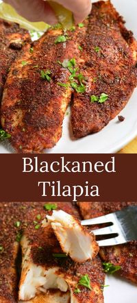 Blackened Tilapia recipe that's done in only 20 minutes and tastes incredible. Juicy, flaky tilapia fillets are dipped in melted butter and generously coated in a homemade blackening seasoning. #fish #tilapia #bakedfish #blackened #seasoning