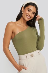 The One Shoulder Body by NA-KD Basic features a stretchy jersey material, a one shoulder design with one long sleeve, and button closure at the crotch.