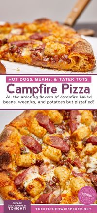 All the amazing flavors of campfire beans and weenies but pizzafied! Homemade pizza dough topped with a cheddar-mozzarella blend of cheese, baked beans, sliced hot dogs, tater tots, and more cheese for one killer campfire cheesy pizza! Campfire Cheesy Hot Dog & Baked Beans Pizza with Crispy Tots, hot dog pizza, beanie weenie pizza, beanie weenie, camping pizza, campfire pizza hot dog baked beans recipe, camping pizza, baked beans and hot dog pizza, cookout pizza, #pizza #beanieweenie