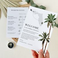 Welcome your guests with a personalized touch of tropical charm using our custom-designed welcome letter and wedding itinerary card template. This printable card features a captivating watercolour illustration of palm trees, instantly immersing your guests in the tropical allure of your destination wedding. Along with creative icons that clearly outline each event, from the ceremony to the reception, this template uniquely offers a special section for showcasing a map of your wedding destination. Extra map templates are included, allowing you to tailor the card to your specific location.Easy to DIY in the online editor Corjl, and change the wording, fonts and text colours to fit your theme and style perfectly. The illustration is not editable. The template has a free demo, so you can test