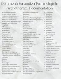 Feeling stuck during psychotherapy sessions? Here is a list of some common words clinicians use in psychotherapy sessions and documentation. This is a reference guide of over eighty common terminology Therapist can utilized to support documentation and build clinical vocbulary.