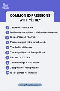 Dive into the world of French language with these common expressions using the verb être! Understanding how to use être effectively will enrich your conversations and help you express various states, feelings, and identities. This collection of phrases is perfect for learners at all levels, providing practical examples for everyday use. Enhance your fluency and confidence in speaking French! #FrenchPhrases #LearnFrench #FrenchGrammar #CommonExpressions #SpeakFrench #GetFrenchClasses