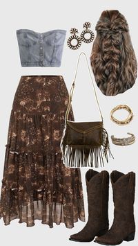 Brown floral maxi skirt, denim vest top, brown fringe crossbody bag, western earrings, brown cowgirl boots, braided hairstyle