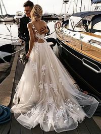 A-Line Beach Wedding Dresses V Neck Court Train Lace Tulle Sexy Backless with Appliques 2022 7877418 2022 – $199.99