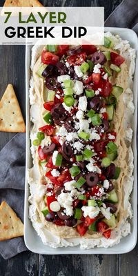 This Layered Greek Dip recipe (a spinoff of a 7-layer dip) is an easy, make-ahead appetizer for a party. The briny Kalamata olives, juicy cucumbers, salty feta and garlicky hummus remind me of my favorite Greek salad. #dips #parties #holidayparty #appetizers