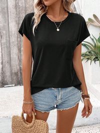 Black Casual Collar Short Sleeve Fabric Plain  Embellished Slight Stretch Summer Women Clothing