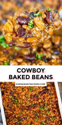 *NEW* Cowboy baked beans are a hearty one-pot meal with earthy sweetness, savory pork sausage, and crispy bacon, perfect for family gatherings or potluck dinners. #bakedbeans #cowboybakedbeans