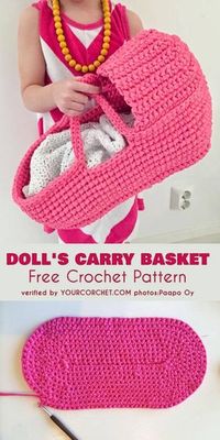 Doll's Carry Basket Free Crochet Pattern Every little girl would be delighted to have this accessory. Kids love to bring their favorite toys wherever they go, so the Doll's Carry Basket  will be the most super extra cool gift. During the evening, it can be used as a doll bed as well helping parents to prepare their kids for bedtime. #amigurumidoll #crochetbasket #freecrochetpatterns