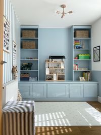 Blue built in shelves