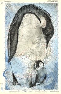 Hand-signed PRINT of my original portrait, Emperor Penguin, which was drawn on a vintage map of Antarctica. No doubt, this iconic bird is the true Emperor of Antarctica. As I write this, temperatures in Antarctica are 70 degrees above normal. What does this portend for these majestic creatures? This is piece is inspired by a series called World Tour - in which I used pages from an old atlas as canvases - painting images relating to the place on each map. 10% profit from each print will be donate