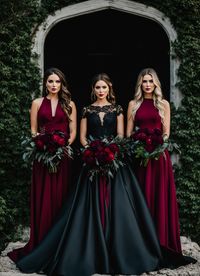 Moody dark gothic wedding inspo bridal and bridal party dress