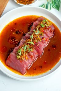 Tuna Crudo ❤️ This crudo is EPIC. The ginger scallion sauce... TO DIE FOR! This is full of flavor, it's fresh, spicy, and delicious.