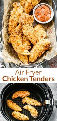 This Air Fryer Chicken Tenders recipe results in golden, crispy, and perfectly juicy chicken. It is easy to make and very versatile! via @betrfromscratch