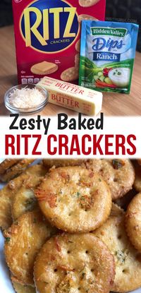 Looking for fun snack ideas? These baked Ritz crackers are so quick and easy to make with just a few ingredients including a packet of ranch seasoning. Kids, teens AND adults love this creative snack! These butter coated and baked crackers are so simple to make and great for at home, after school, on the go, sports practice, lunchboxes and more. Really cheap to make, too! So many creative Ritz cracker recipes to make-- snacks, sweets, appetizers and more. #ritz #instrupix #snacks #funfood