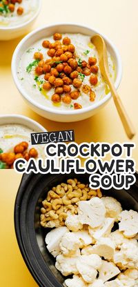 This Easy Slow Cooker Cauliflower Soup recipe has a handful of ingredients and requires almost no prep time (plus, it's vegan!) It's a flavor packed healthy dinner recipe that the family will love (and the perfect soup recipe for Christmas or Thanksgiving). #souprecipes #soup #veganrecipes #vegetarianrecipes #cauliflowerrecipes #chickpearecipes