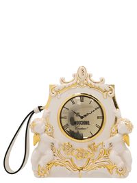 'Clock' clutch in hard material, with a front logo, a magnetic closure, lining, and a leather wristlet. Composition: 100% plastic