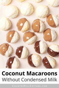 Sweet and chewy, these coconut macaroons without condensed milk are such a delightful treat and will dazzle any coconut lover! Packed with coconut flavors and dipped in chocolate, the cookie recipe comes together with only 5 simple ingredients and is perfect for any occasion. With a soft, sweet inside and a slightly crisp exterior, they are positively addictive. This simple chewy coconut macaroons recipe will quickly become a new favorite after your first bite. | CountryHillCottage.com