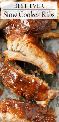 This Slow Cooker Pork Rib Recipe is so easy to make and starts with a flavorful dry rub. From there it's brushed with Dijon mustard, BBQ sauce, and cooked in a Crock Pot with chicken broth, onions, and garlic. Look no further for the BEST rib recipe! #SlowCookerRecipes #PorkRecipes #CrockPotRecipes #SundayDinnerIdeas