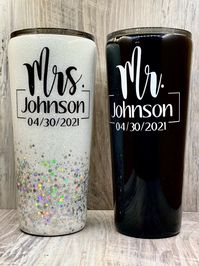 Looking for the perfect gift for an engagement party, bridal shower, or wedding day? These tumblers make the perfect gift for any bride and groom. This listing is for a set of two personalized epoxy tumblers. The glitter and vinyl have been sealed with epoxy and will have a smooth finish. Do not soak, microwave, or put this cup in the dishwasher. If properly cared for, this cup will last you many years!  ITEM DESCRIPTION  -Listing is for 2 stainless steel cups. All tumblers come with a lid and a