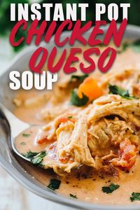 This Queso Chicken soup can be made in the instant pot or crock pot and is perfect if you're eating keto or low carb. It's cheesy and filled with green chilis. You can even add black beans if you don't mind the extra carbs! #queso #instantpot #chickensoup