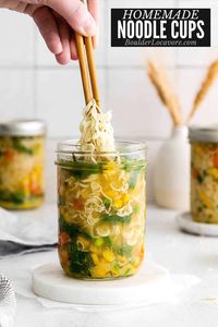 If you are a Cup of Noodles or ramen lover these homemade ramen noodle cups are for you! Ditch the artificial flavor packet and whip up these easy ramen jar with simple ingredients and great flavors. Make and eat or make ahead and store in the refrigerator to make in just 5 minutes! A healthy snack, or easy weeknight meal.