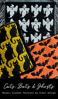 The Cats Bats and Ghosts 3 pack includes: - Cat Noir, with table runner and pillow instructions - Batty, with placemat and pillow instructions - Ghosted, with wall hanging and mug rug instructions  All three patterns can be used to create a variety of crochet projects, from pillows, to scarves, blankets, bags, hats, sweaters and more.  #mosaiccrochet #halloweencrochet #halloweenpatterns #spookycrochet #gothcrochet #batcrochet #ghostcrochet #catcrochet #sixeldesign