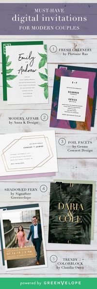 #Online #invitations are the go-to for #modern couples who want to express their style, impress their guests, and save the hassle (and trees) of paper invites. Browse 1000s of exclusive designs from #indiedesigners and customize your #wedding #invitation to make it your own! #digitalinvitations #greenvelope #GREEN