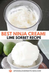 this amazing Ninja Creami Lime Sorbet Recipe is made in the Ninja Creami Deluxe Ice Cream Maker using just four ingredients (lime juice, sugar, corn syrup, and water).