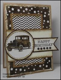 Guy Greetings stamp set - Color scheme is Early Espresso, Kraft, Very Vanilla and Naturals White. Car is colored with Stampin' Write Markers Baked Brown Sugar and Crumb Cake. All edges were distressed with Stampin' Distress Tool and inked with Baked Brown Sugar.