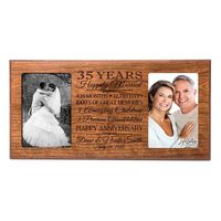 Honor the happy couple with a personalized 35th wedding anniversary photo frame. A treasured and lasting personal keepsake for a wedding or anniversary. 35th Anniversary picture frame can be hung on a wall or displayed on a table. This special keepsake anniversary gift will always be a wonderful reminder of the love that you have for one another. Honor the happy couple with a 35th wedding anniversary decorative wood photo frame that holds 2- 4x6 photos. Words are laser engraved. Wooden frame han